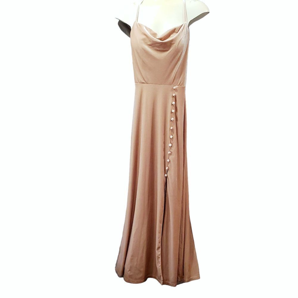 Revelry Billie Velvet Side Zip Dress Cowl Neck Cross Straps Slit Sz 4 Champagne